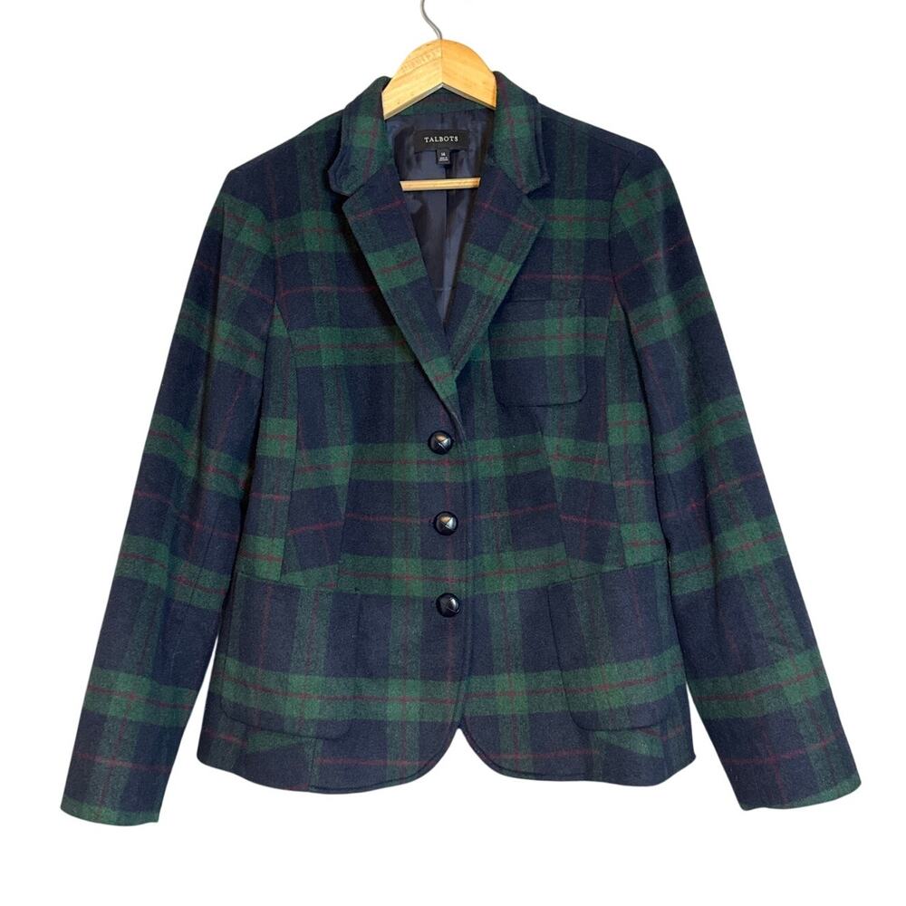 Talbots Plaid Wool Blend Blazer Green Blue Womens 14 Christmas Holiday Work